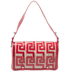 Versace Beige/Red Coated Canvas and Patent Leather Flap Shoulder Bag