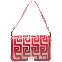 Versace Beige/Red Coated Canvas and Patent Leather Flap Shoulder Bag