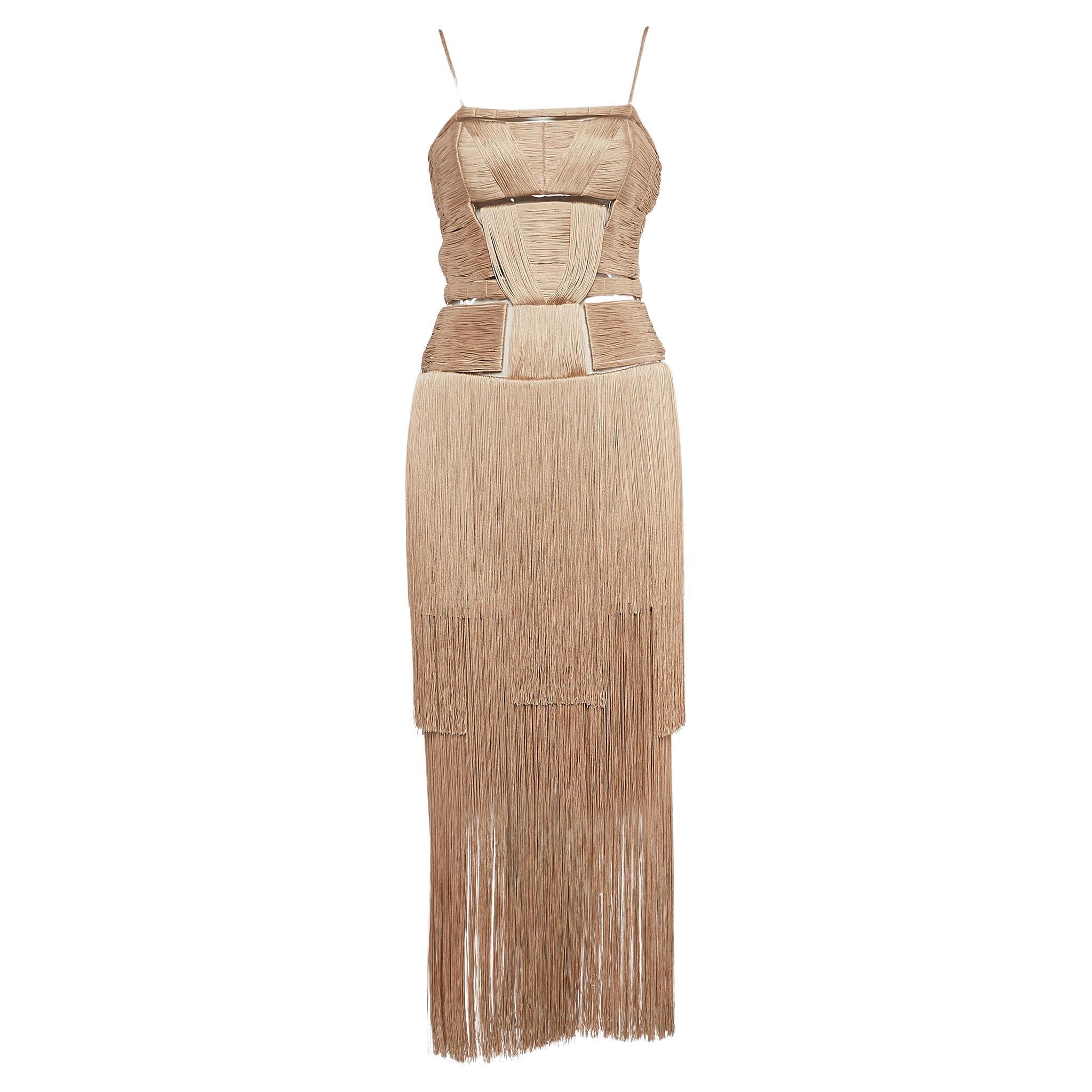 Versace Beige Silk Tassel Shoulder Strap Maxi Dress S For Sale
