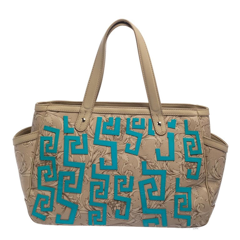 Versace Beige/Turquoise Medusa Print Coated Canvas Patch Diaper Bag at