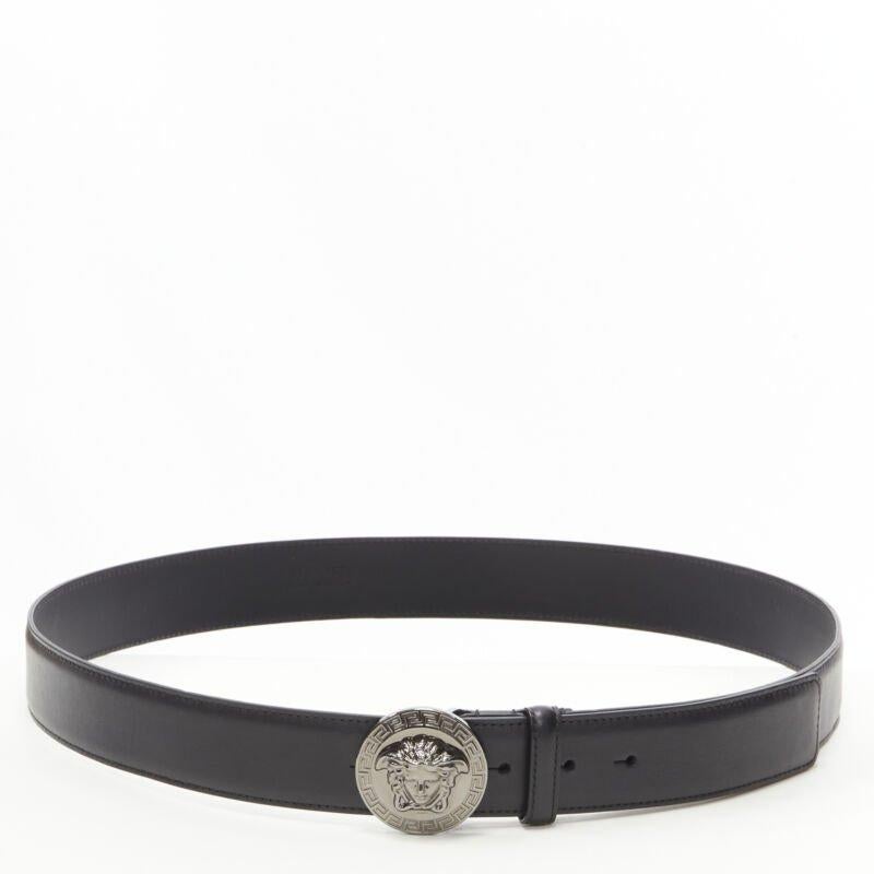 Gray VERSACE Biggie Medusa Medallion Coin silver black leather belt  105cm 40-44