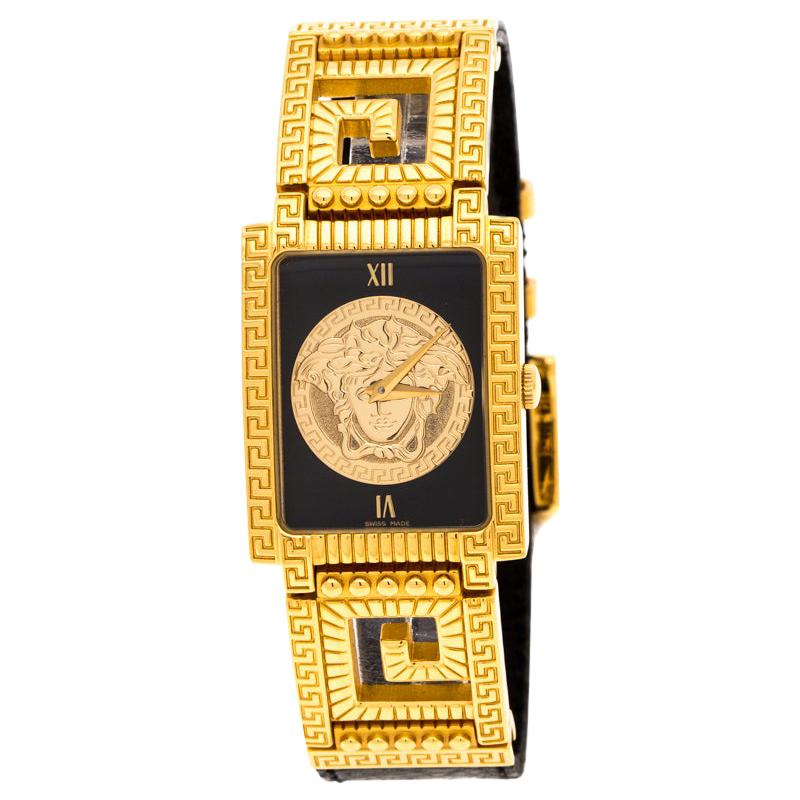 Versace Black 18K Yellow Gold Plated Stainless Steel Signature Wristwatch 25 mm
