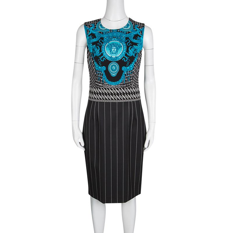 Versace Black and Blue Medusa Print Pinstriped Sleeveless Dress M In Good Condition In Dubai, Al Qouz 2
