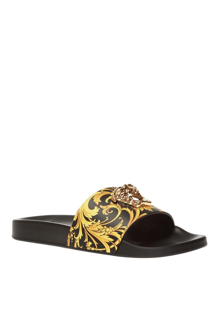 Versace Black and Gold Barocco Medusa Embellished Slides Size 37.5 For ...