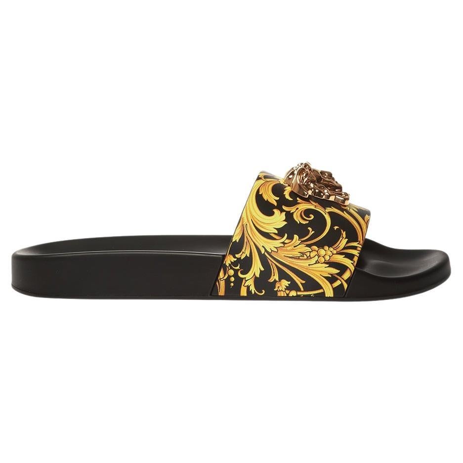 Versace Black and Gold Barocco Medusa Embellished Slides Size 37.5 For