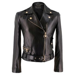 Versace Black Asymmetric Leather Jacket	SIZE 42