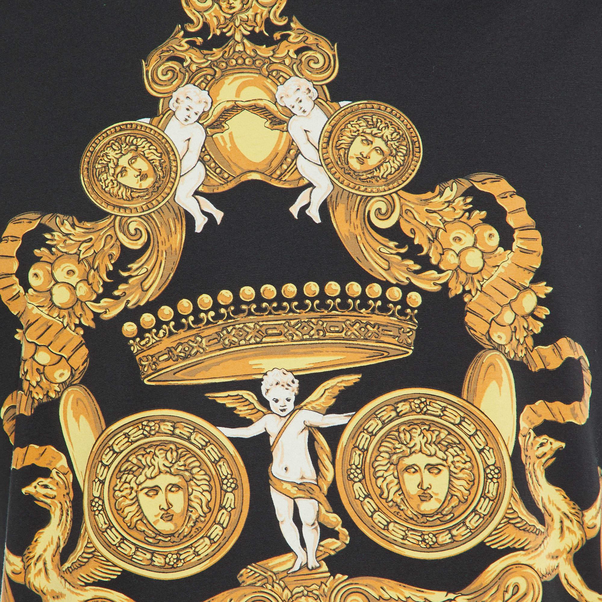 Noir Versace Black Baroque Print Cotton Crew Neck T-Shirt M. M. en vente