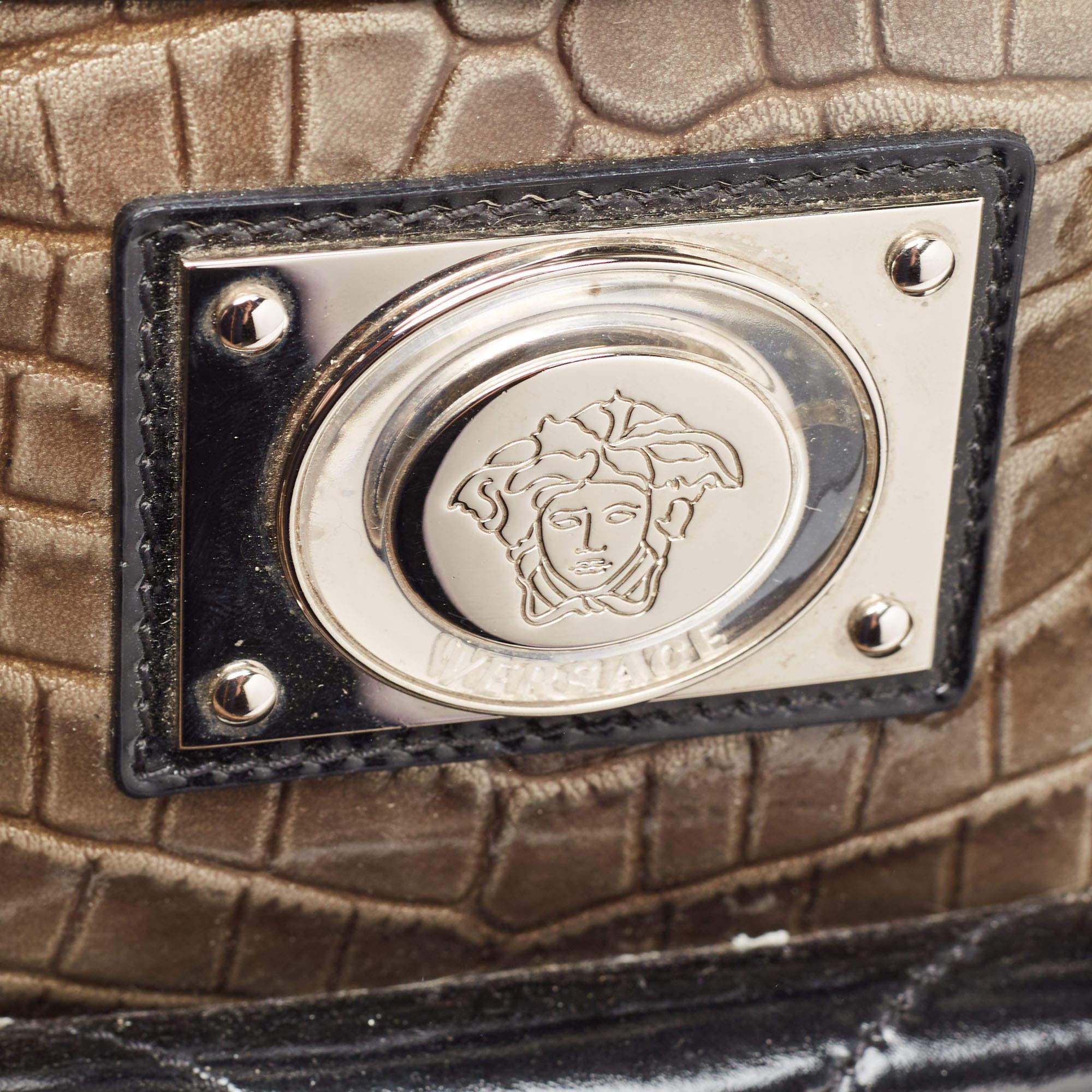 Versace Black/Beige Croc Embossed and Patent Leather Studded Madonna Satchel For Sale 7