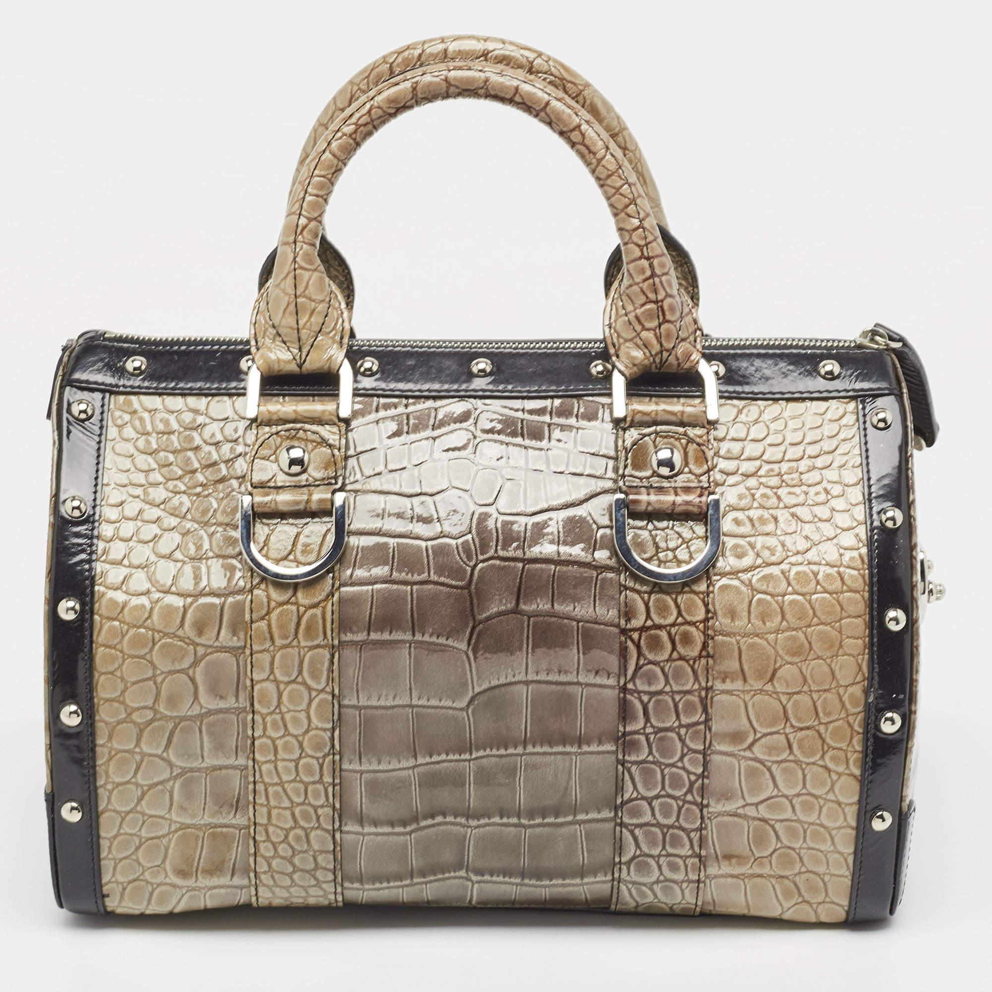 Versace Black/Beige Croc Embossed and Patent Leather Studded Madonna Satchel For Sale 8
