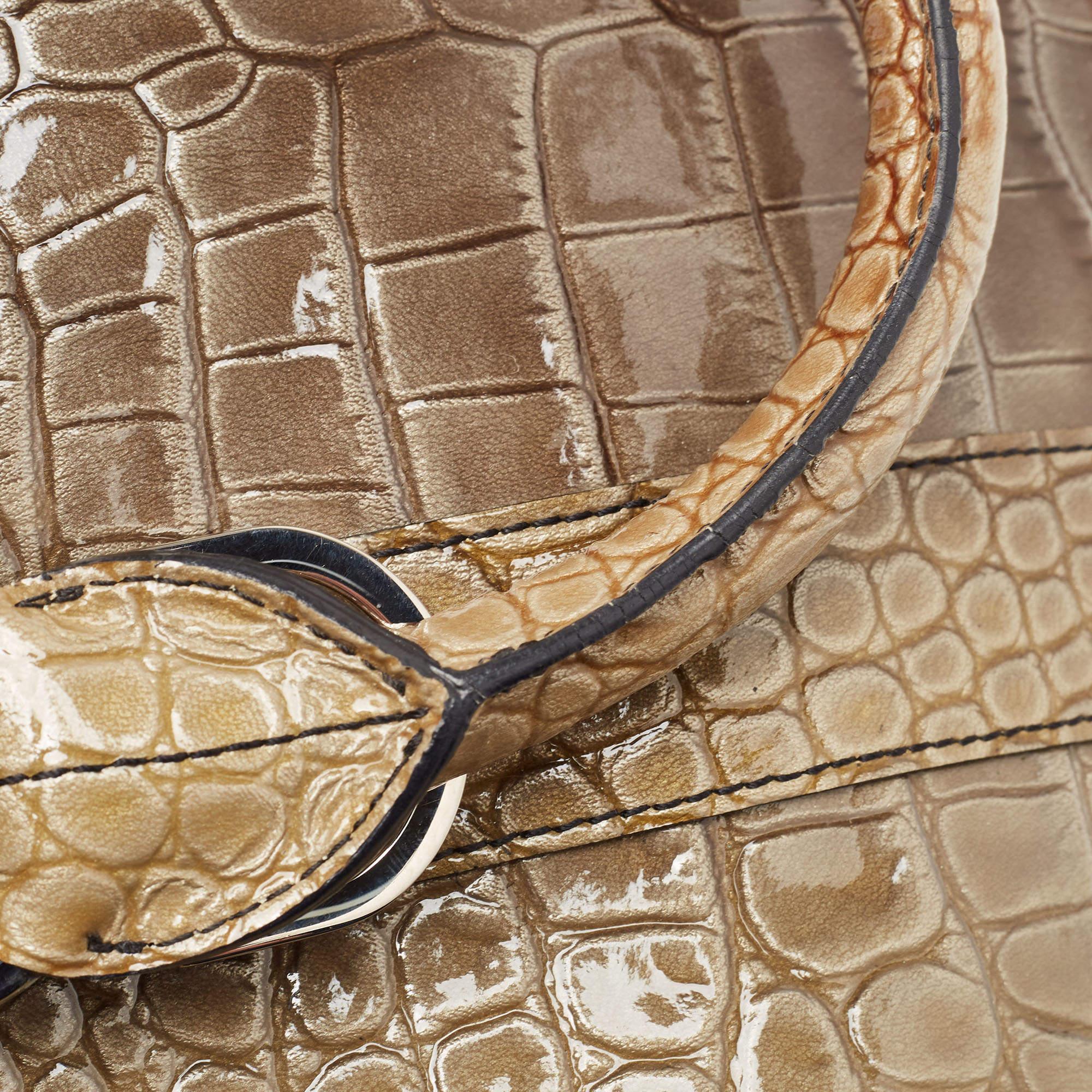 Versace Black/Beige Croc Embossed and Patent Leather Studded Madonna Satchel For Sale 4