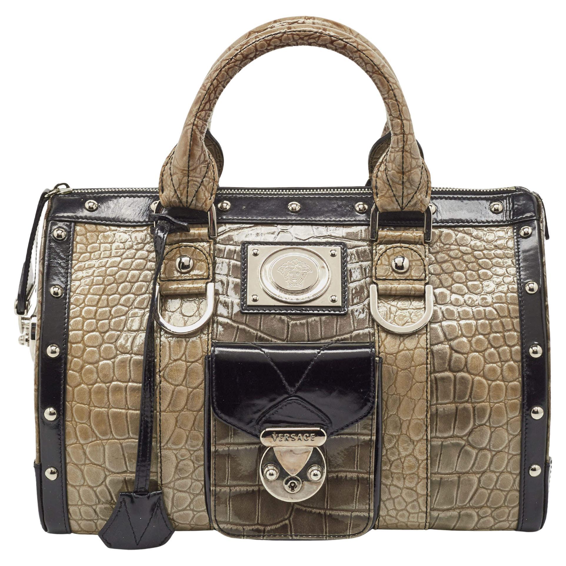 Versace Black/Beige Croc Embossed and Patent Leather Studded Madonna Satchel For Sale