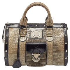 Versace - Cartable Madonna noir/beige en crocodile et cuir verni clouté