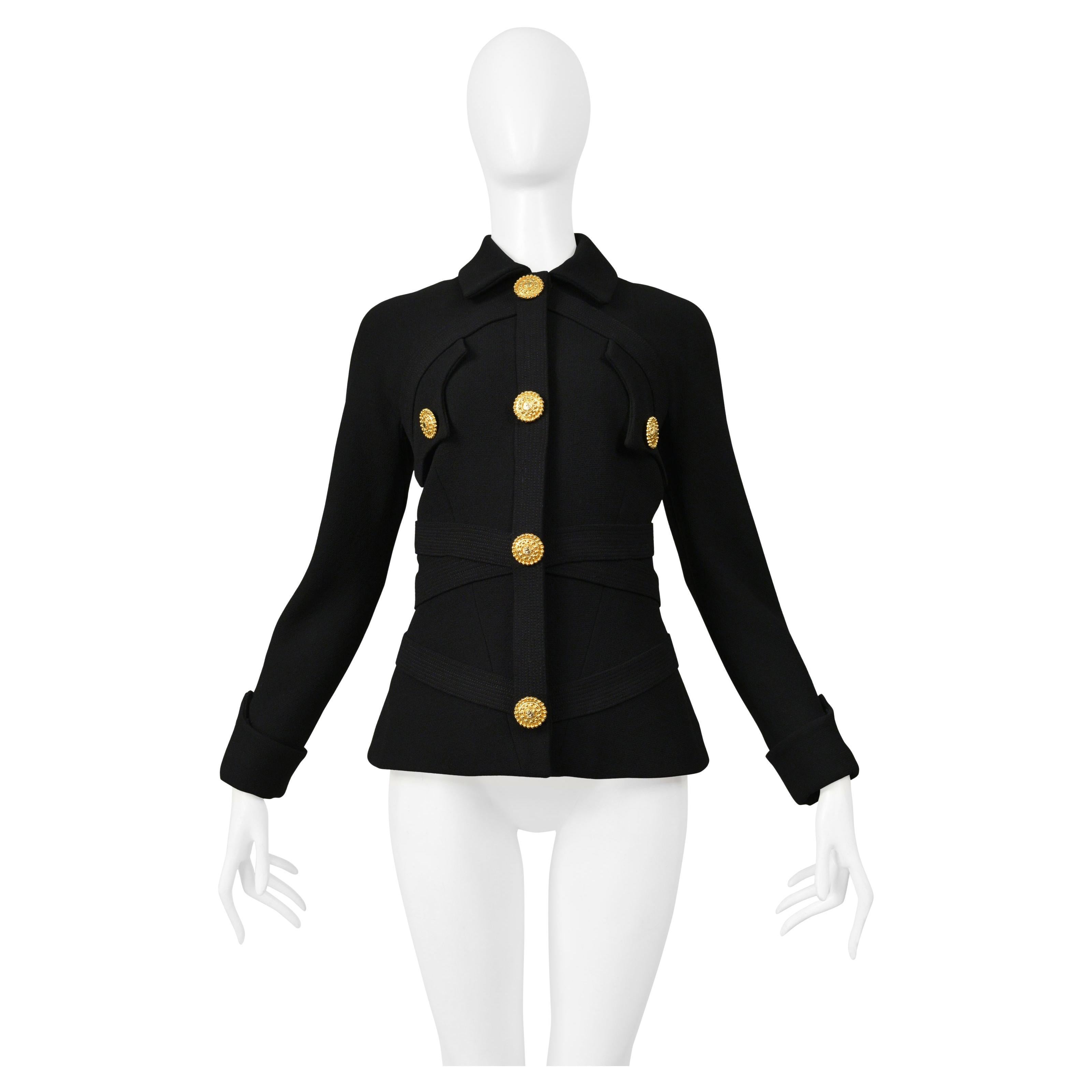 Versace Black Bondage Jacket With Gold Buttons 1992 For Sale