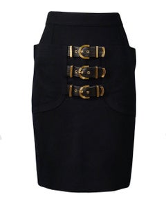 Versace Black Bondage Wool Skirt With Gold Hardware Buckles 1992