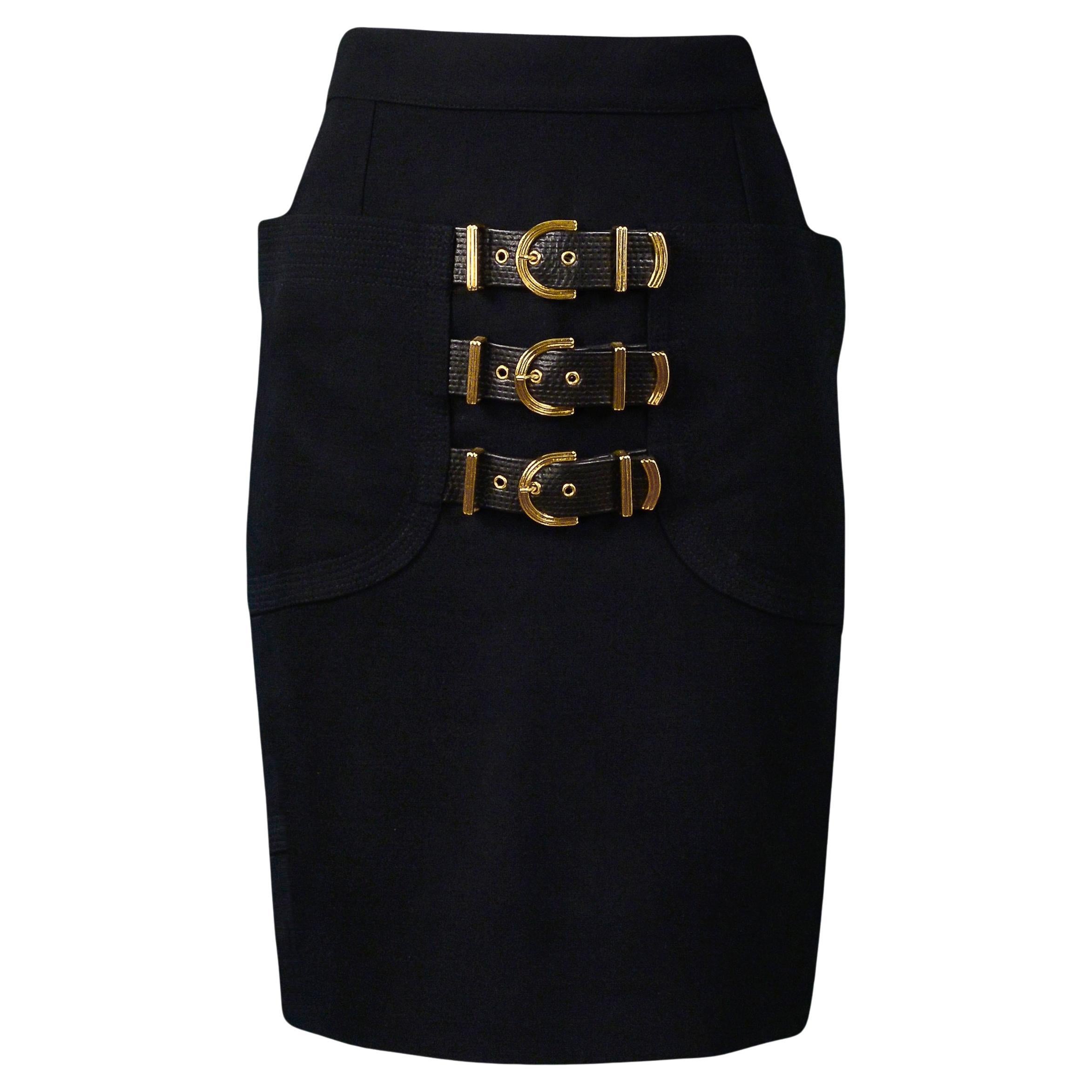 Versace Black Bondage Wool Skirt With Gold Hardware Buckles 1992