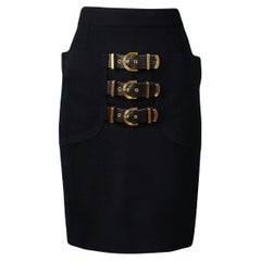 Versace Falda Bondage Negra De Lana Con Hebillas Doradas 1992