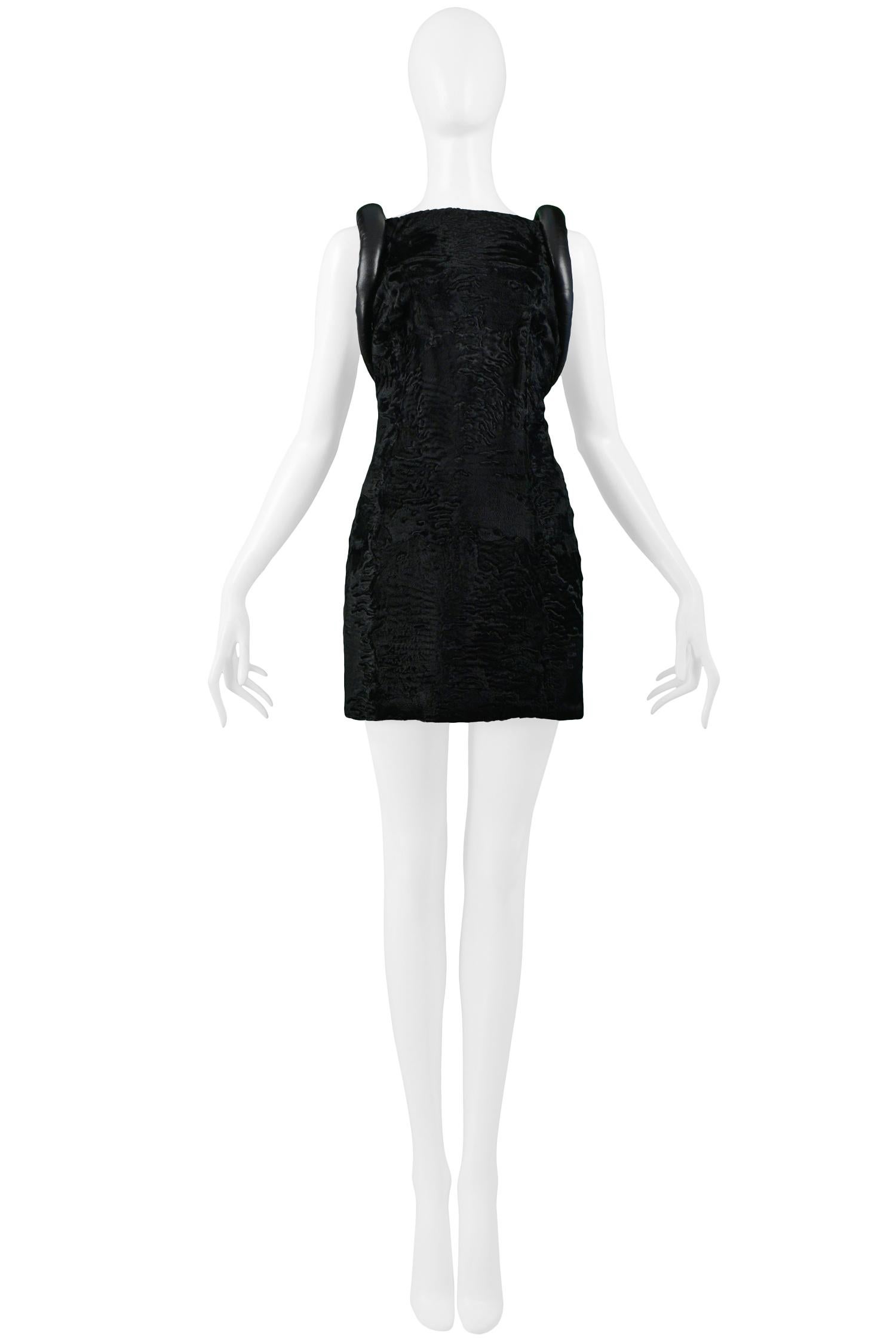 Versace Black Broadtail & Leather Couture Mini Dress 1997 In Excellent Condition In Los Angeles, CA