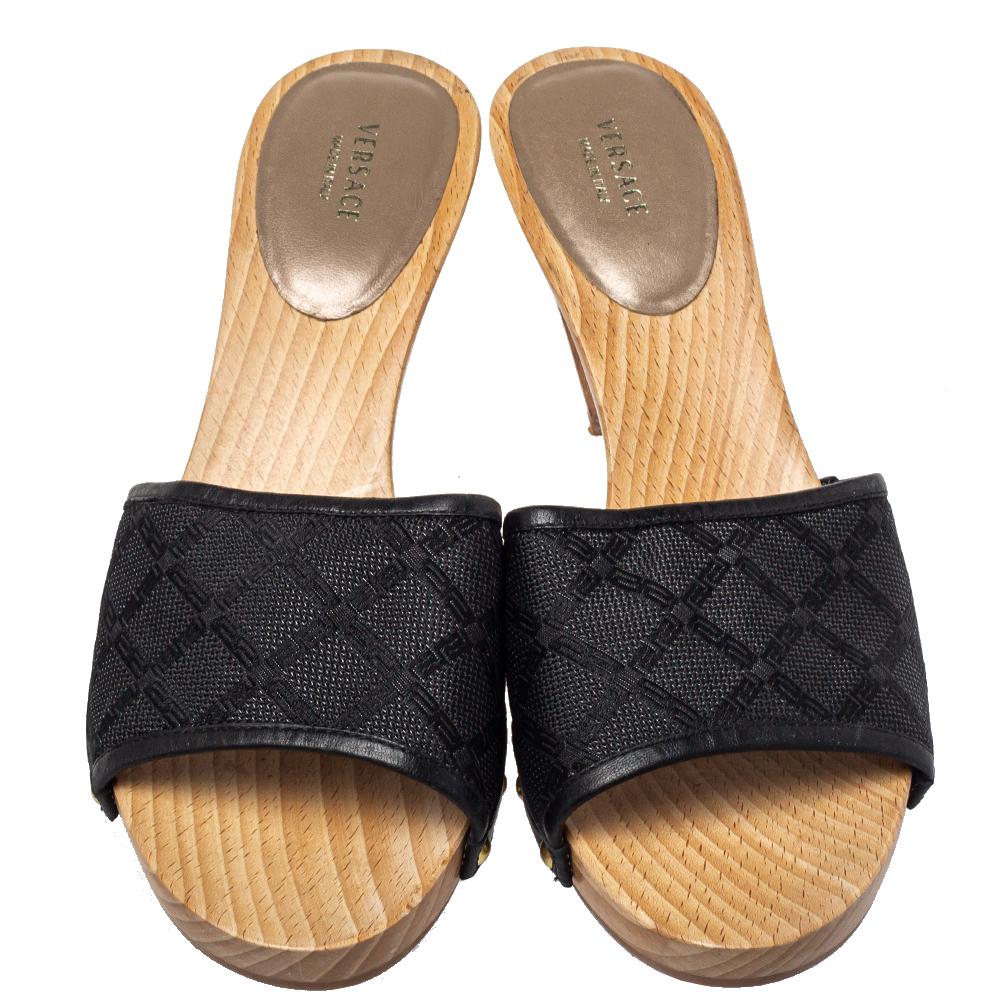Women's Versace Black Canvas And Leather Mule Sandals Size 39