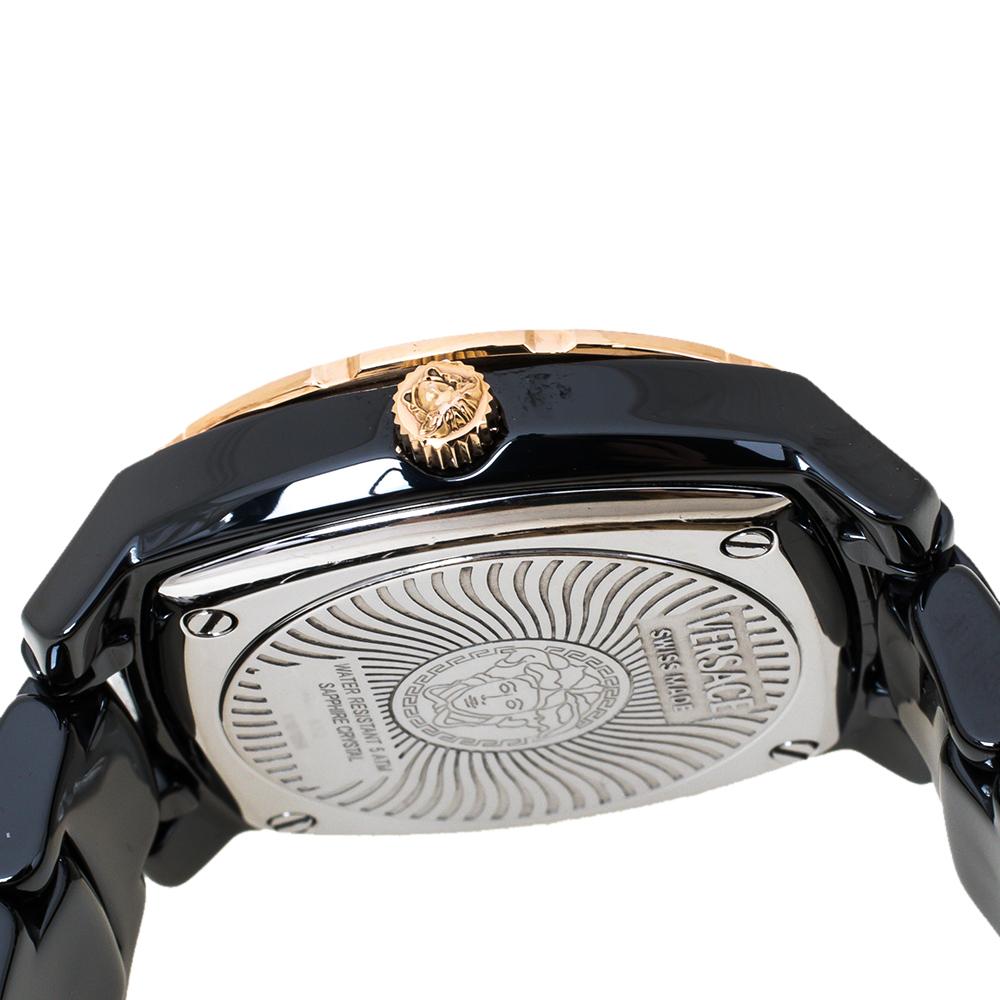 Contemporary Versace Black Ceramic Rose Gold Stainless Steel Diamonds Women's Wristwatch 34mm