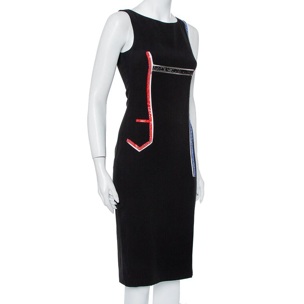 Lines of stones in varied colors are added to a simple black sheath dress and made into a classy design that you can wear in the day or evening. The Versace dress has a grand appeal, comfortable fit, and simple zip closure.

