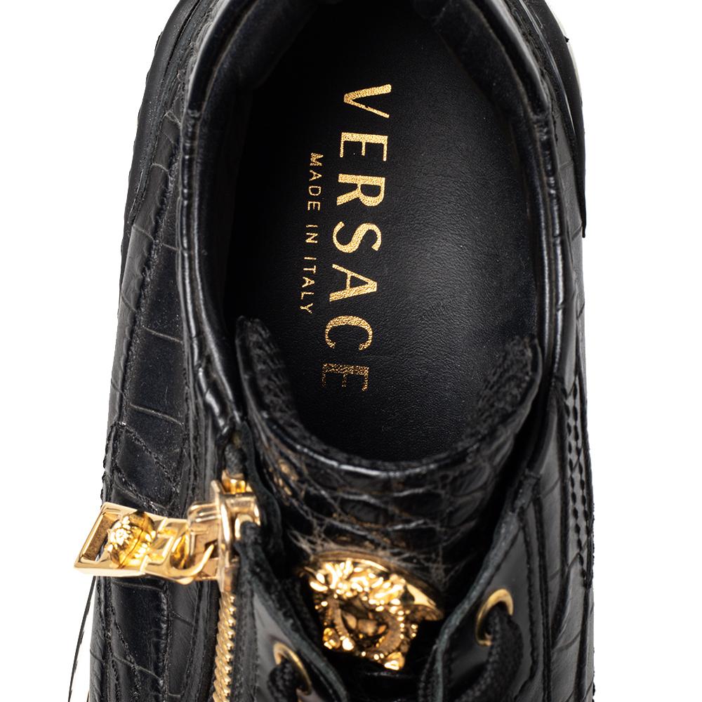 Versace Black Croc Embossed And Leather Low Top Sneakers Size 41 2