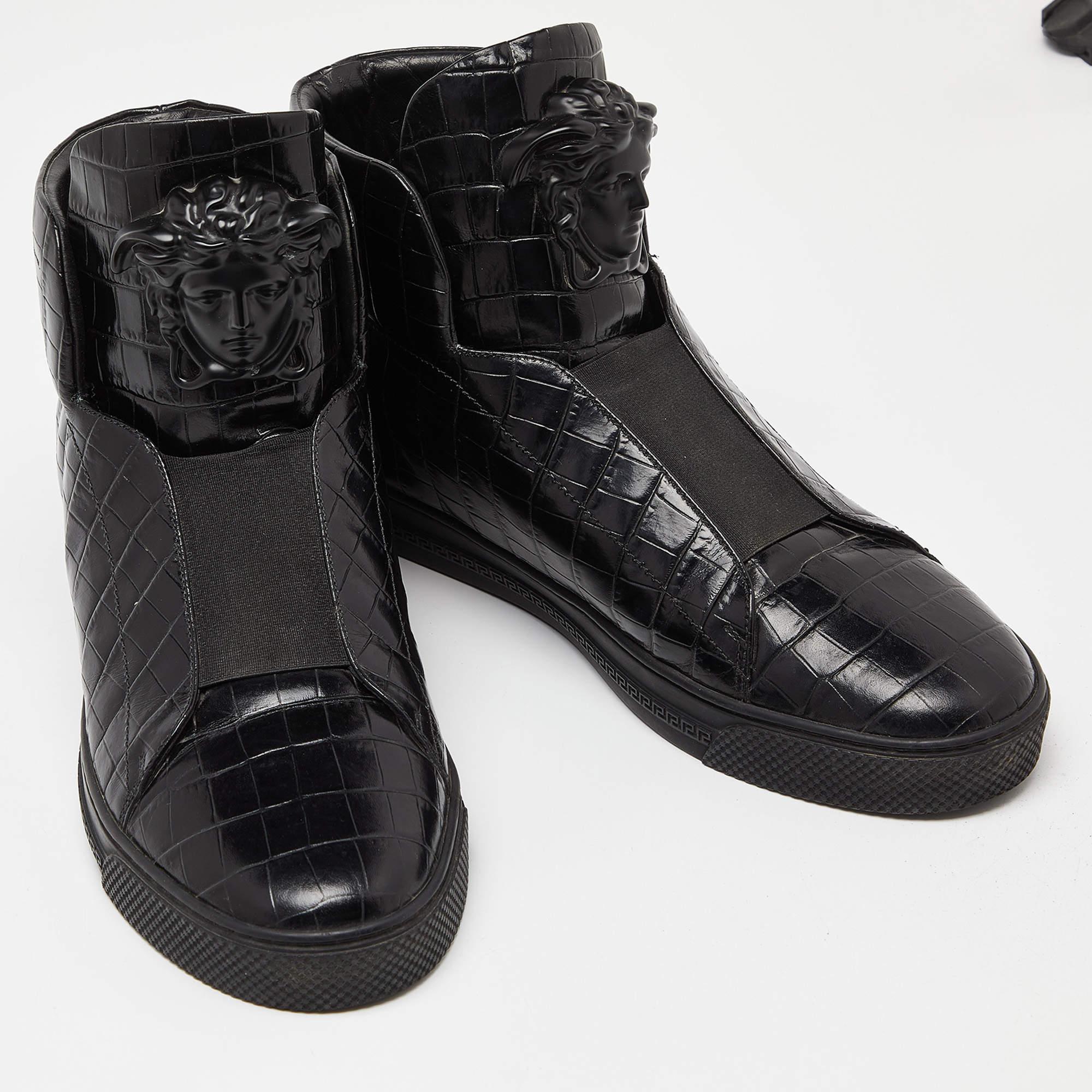 Versace Black Croc Embossed Leather Palazzo Medusa High Top Sneakers ...