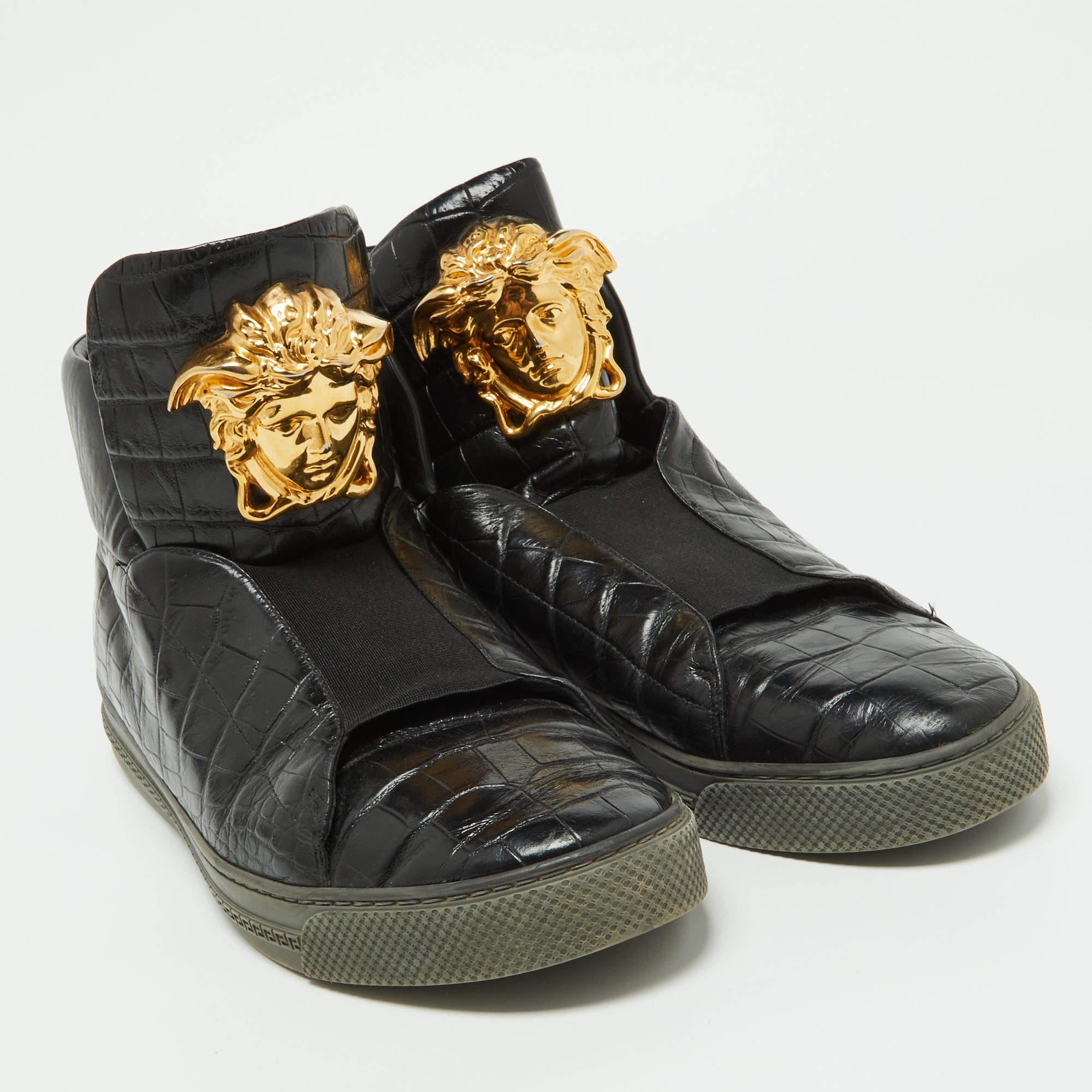 Women's Versace Black Croc Embossed Leather Palazzo Medusa High Top Sneakers Size 44 For Sale