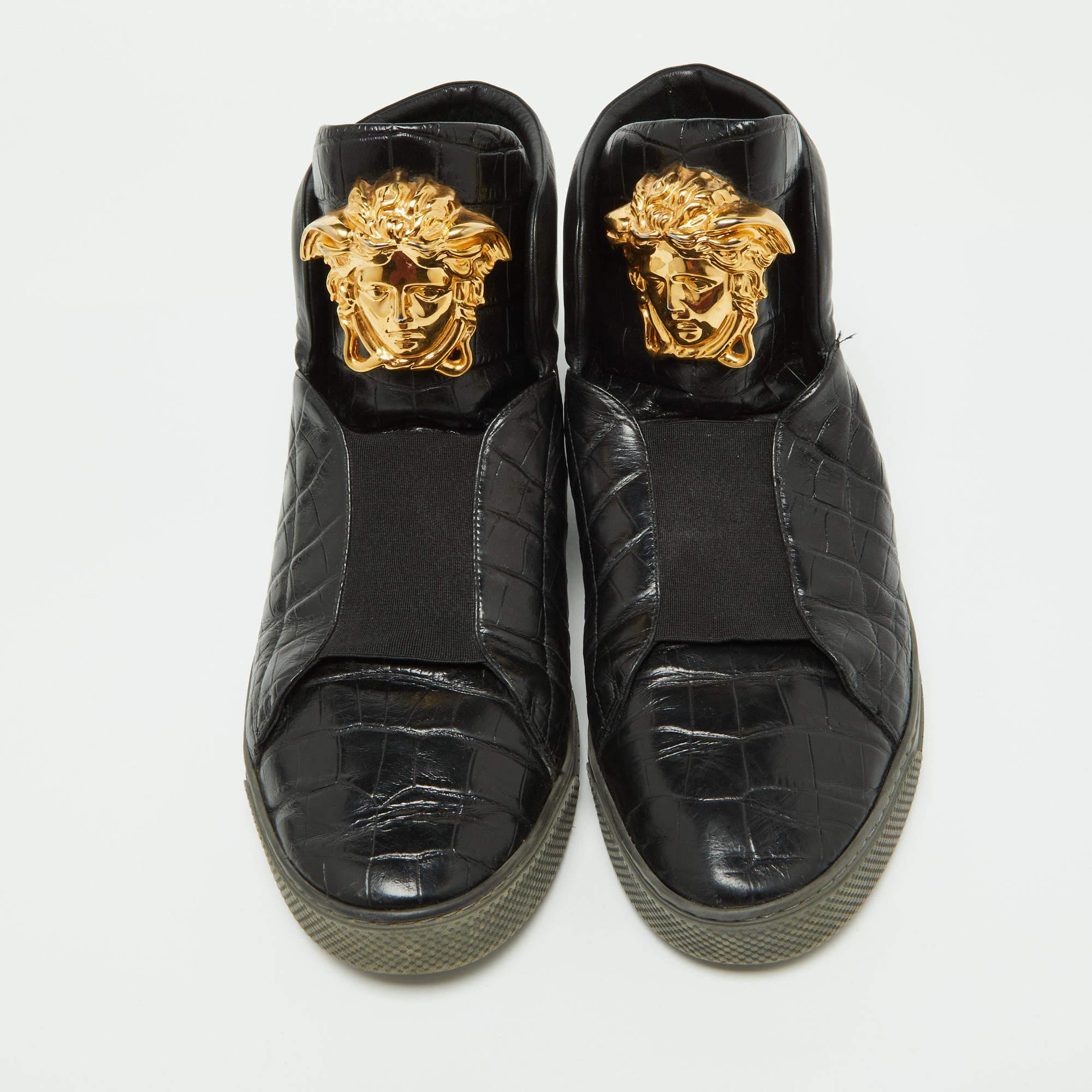 Versace Black Croc Embossed Leather Palazzo Medusa High Top Sneakers Size 44 For Sale 3