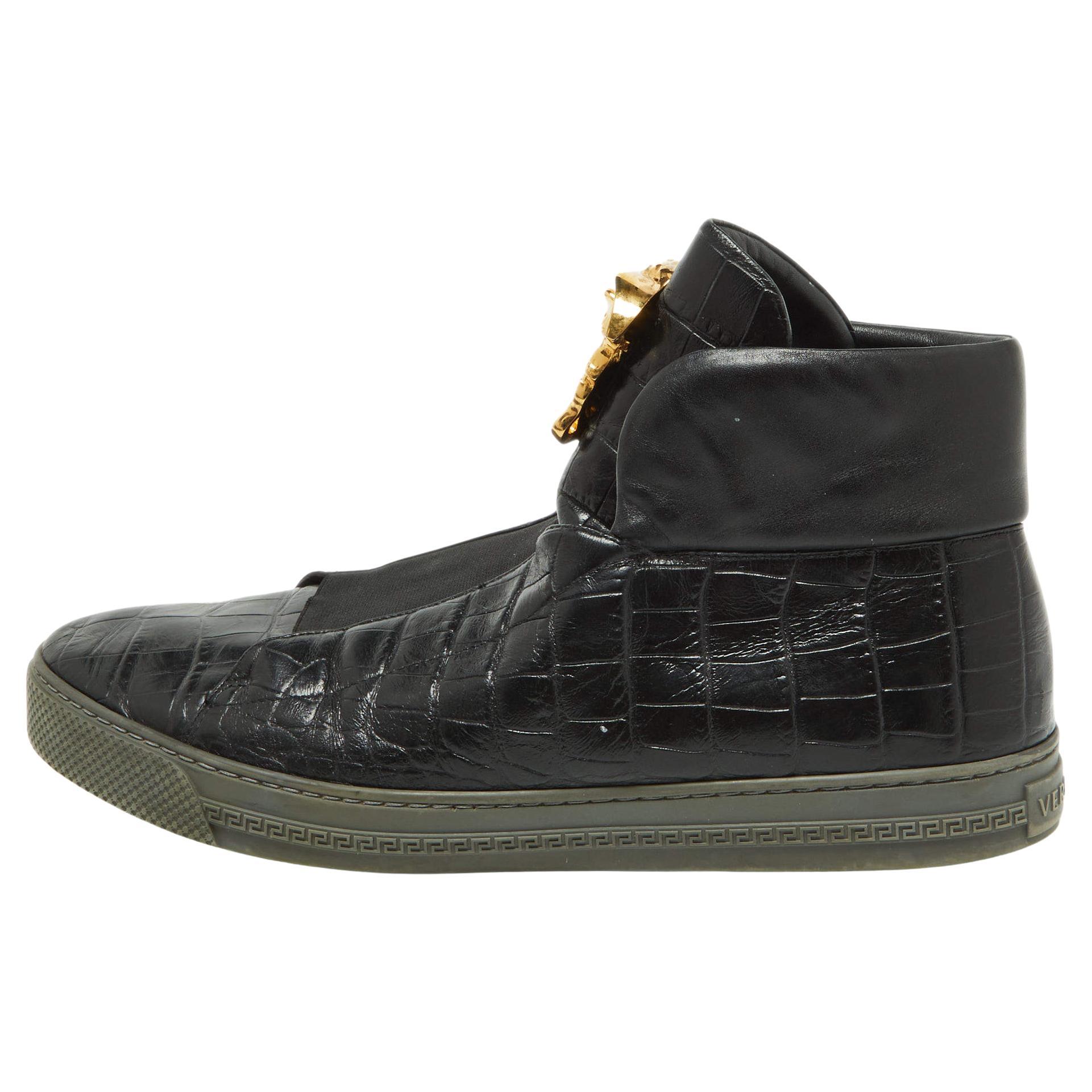 Versace Black Croc Embossed Leather Palazzo Medusa High Top Sneakers Size 44 For Sale