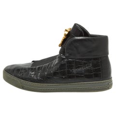 Used Versace Black Croc Embossed Leather Palazzo Medusa High Top Sneakers Size 44