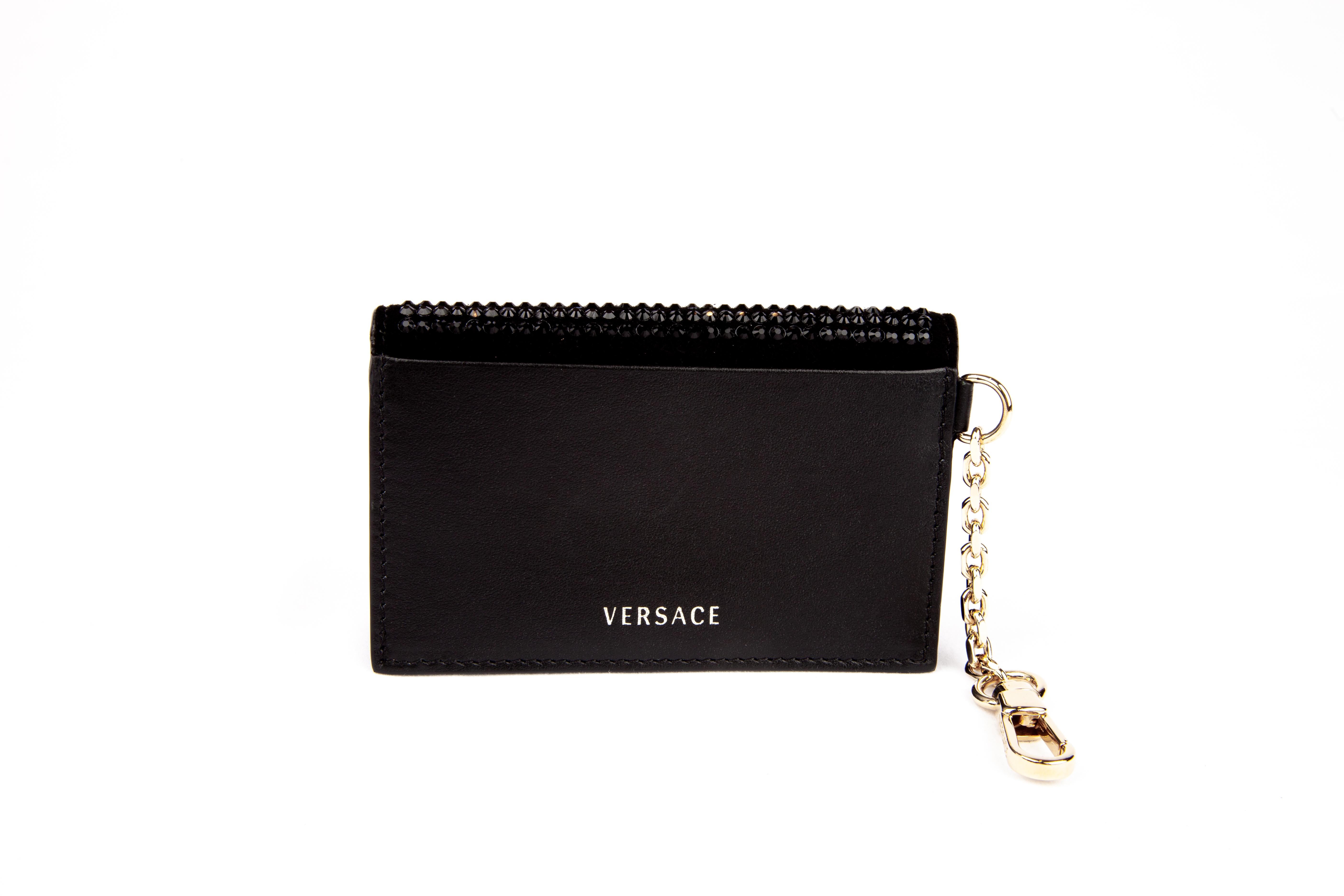 Versace Black Crystal Embellished Card Holder / Bag Charm with Gold Tone Chain In New Condition In Paradise Island, BS