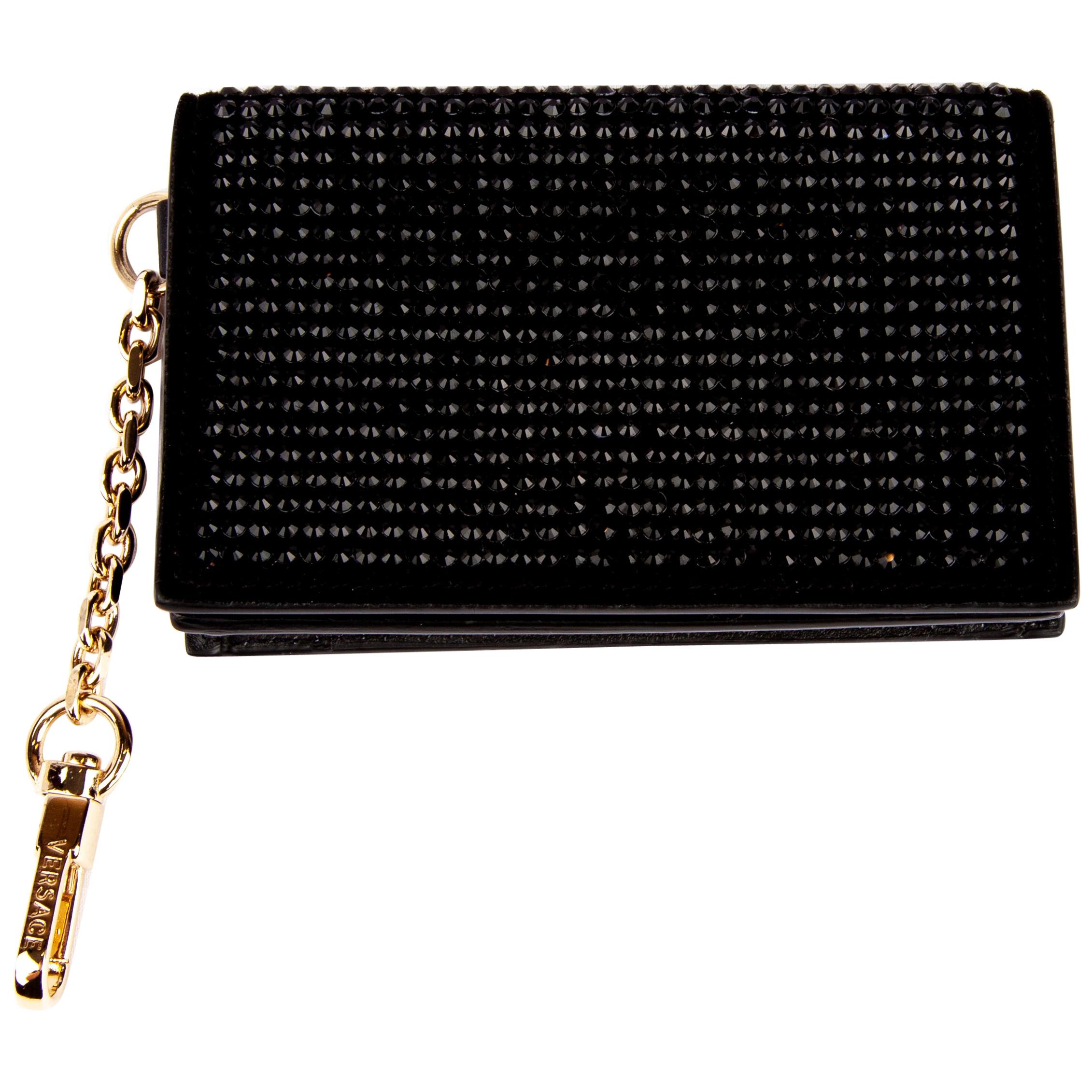 Versace Black Crystal Embellished Card Holder / Bag Charm with Gold Tone Chain