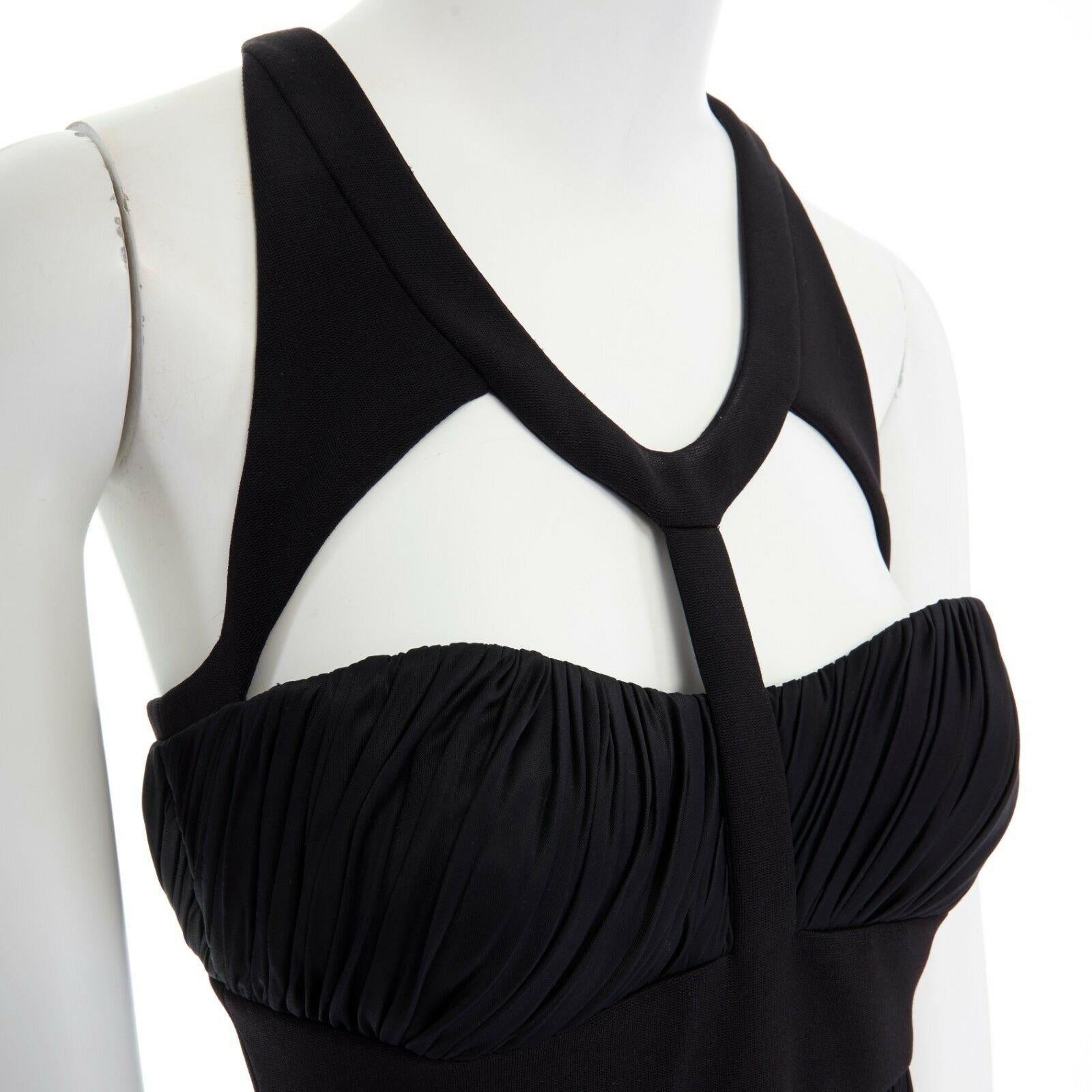 VERSACE vestido de cóctel negro drapeado de viscosa con escote arnés IT40 S 2