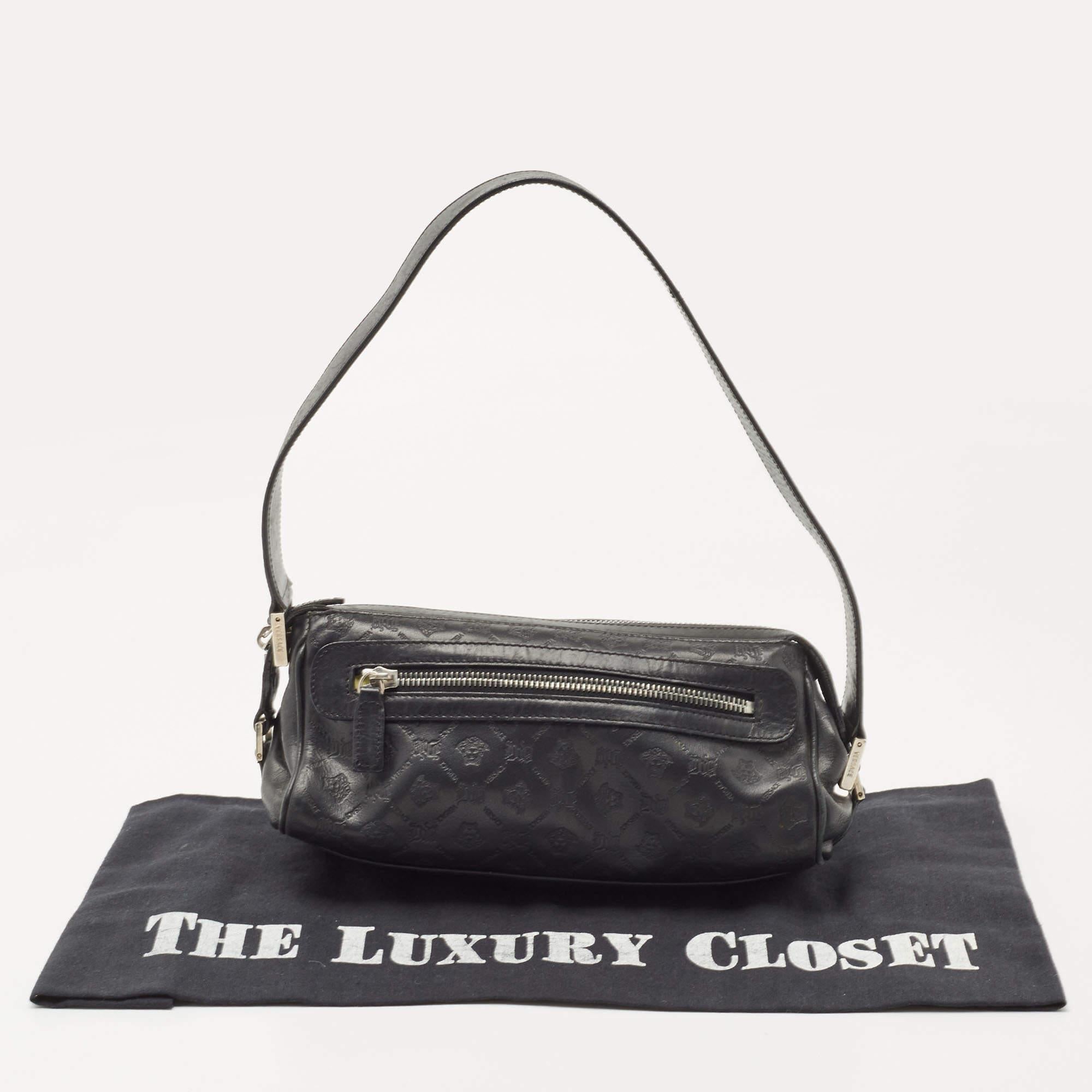 Versace Black Embossed Leather Front Pocket Baguette Bag 16