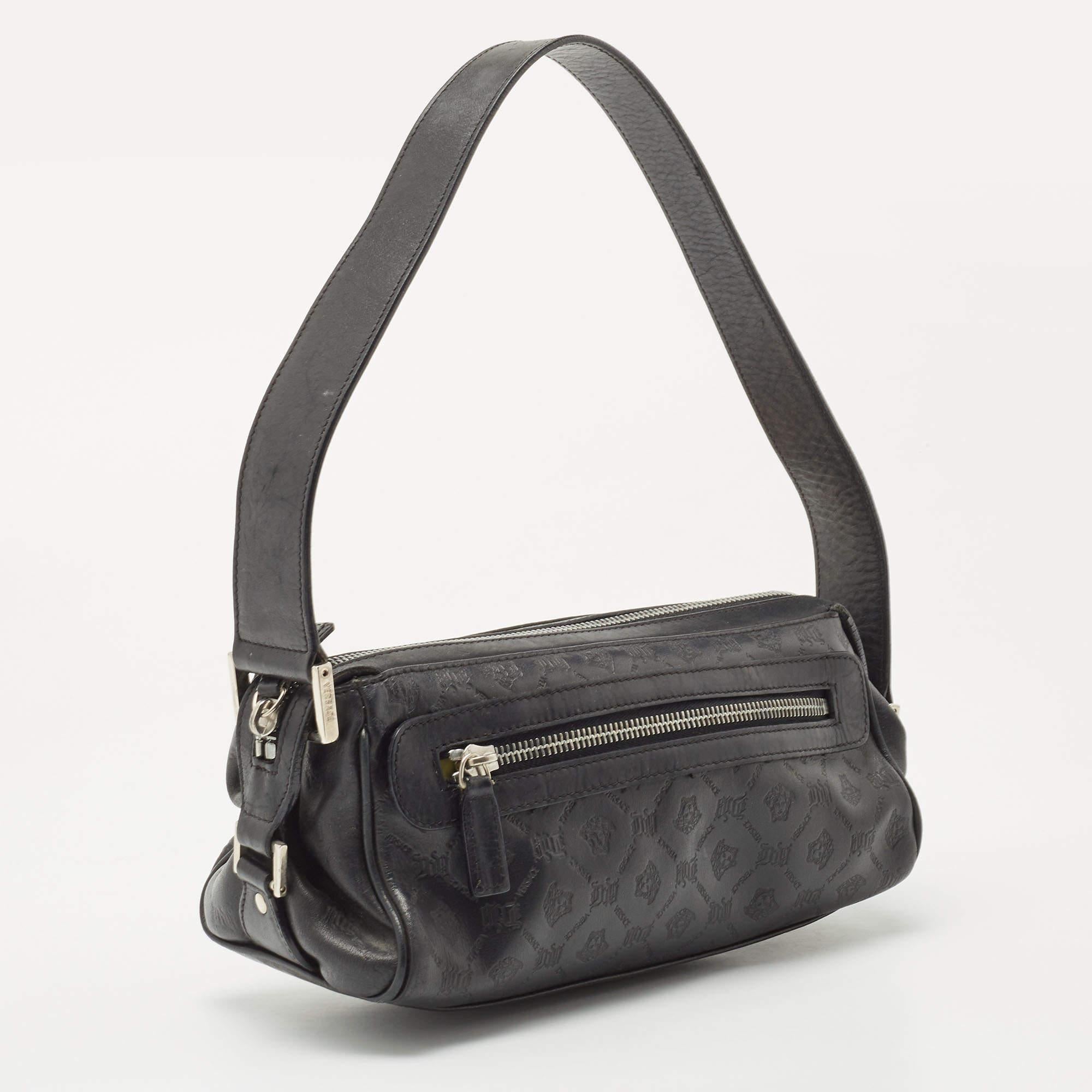 Versace Black Embossed Leather Front Pocket Baguette Bag In Good Condition In Dubai, Al Qouz 2