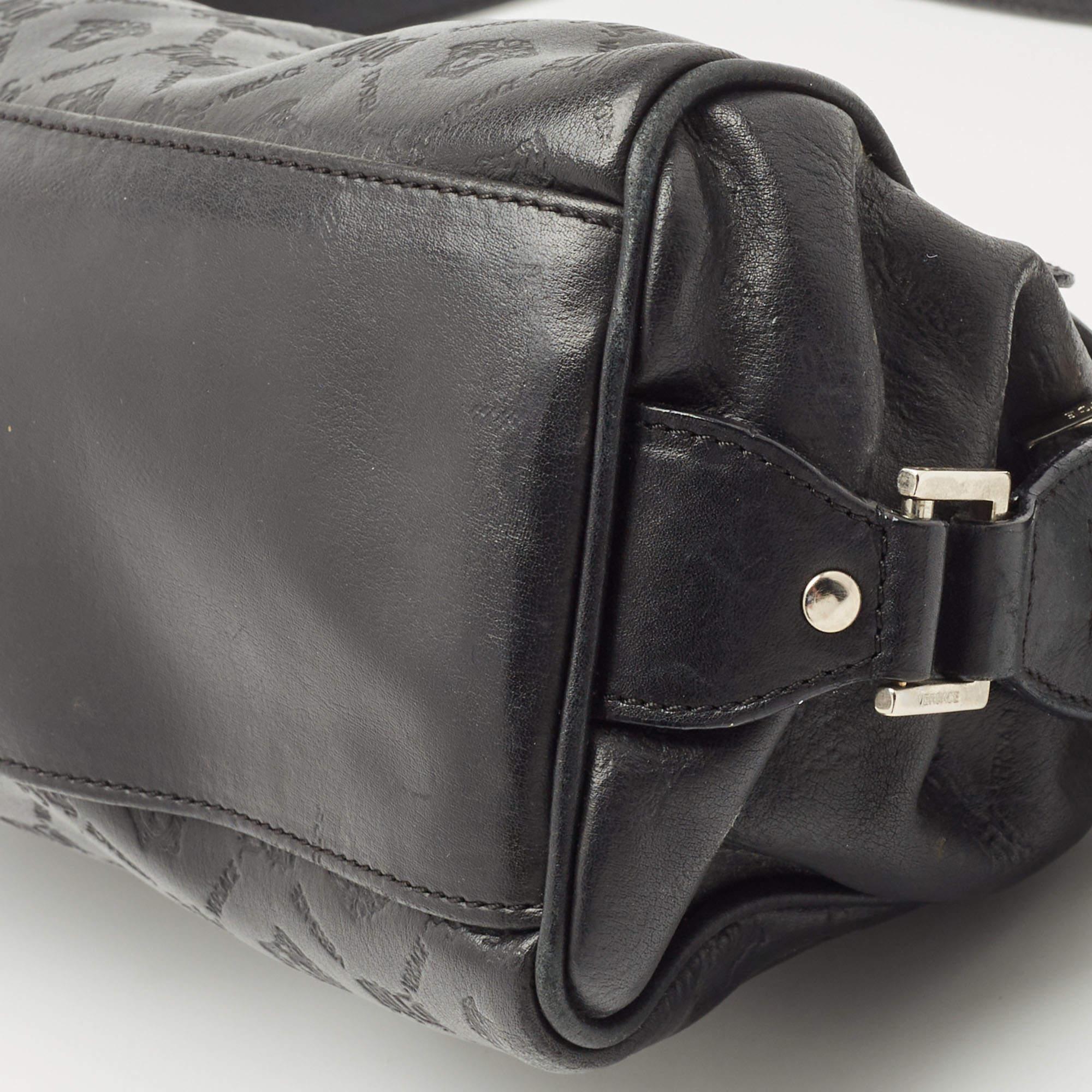 Women's Versace Black Embossed Leather Front Pocket Baguette Bag