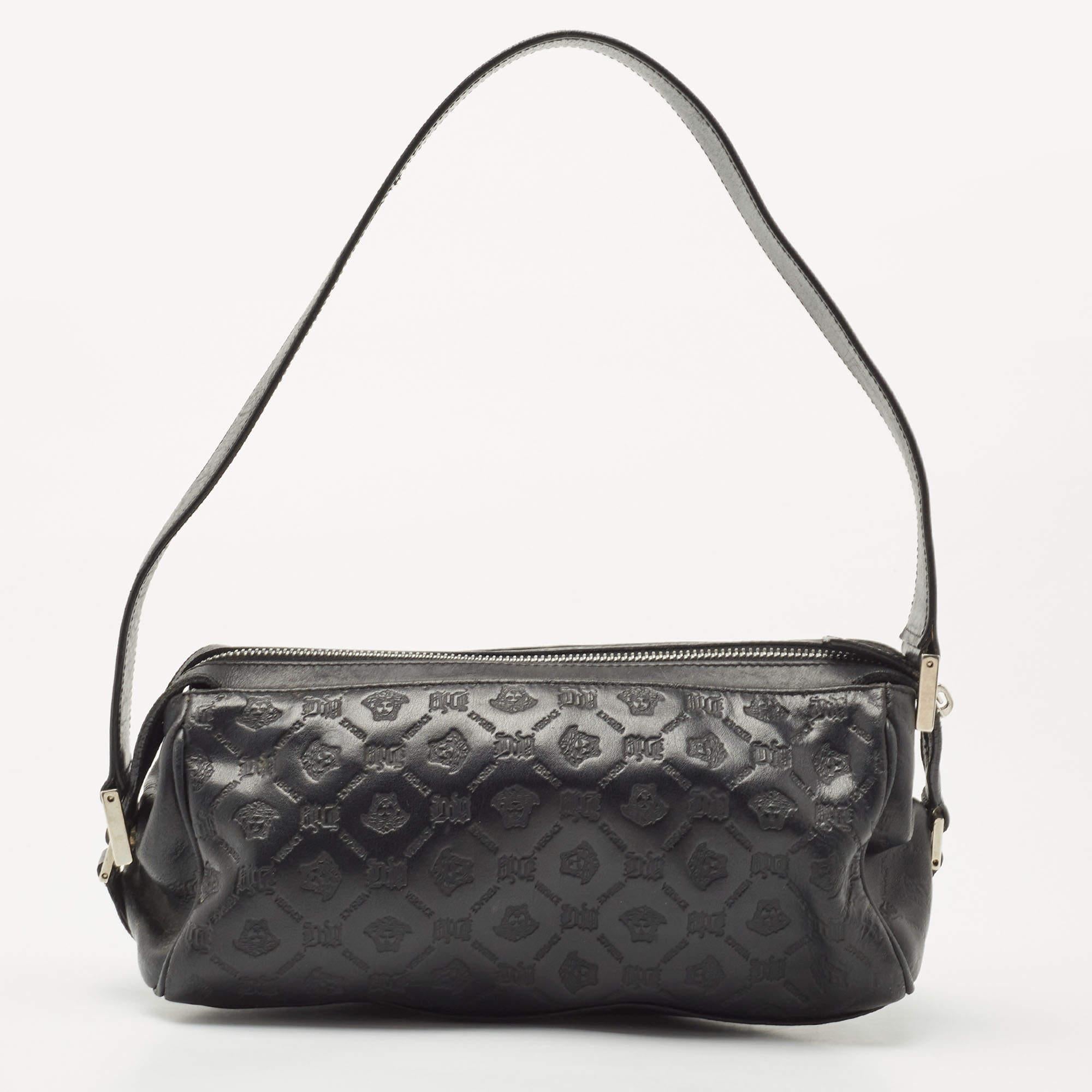 Versace Black Embossed Leather Front Pocket Baguette Bag 3