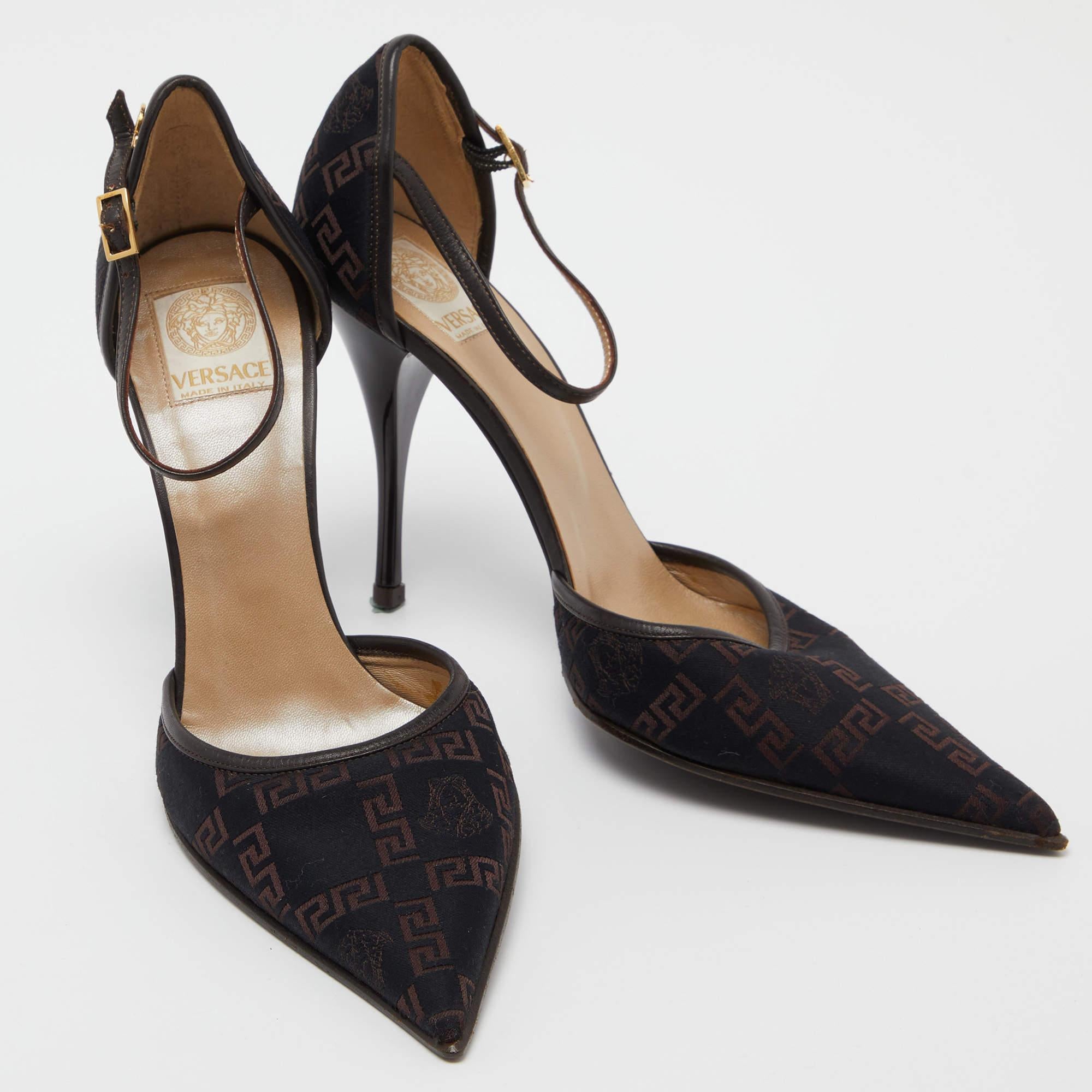 Women's Versace Black Embroidered Canvas and Leather Ankle Strap Pumps  For Sale
