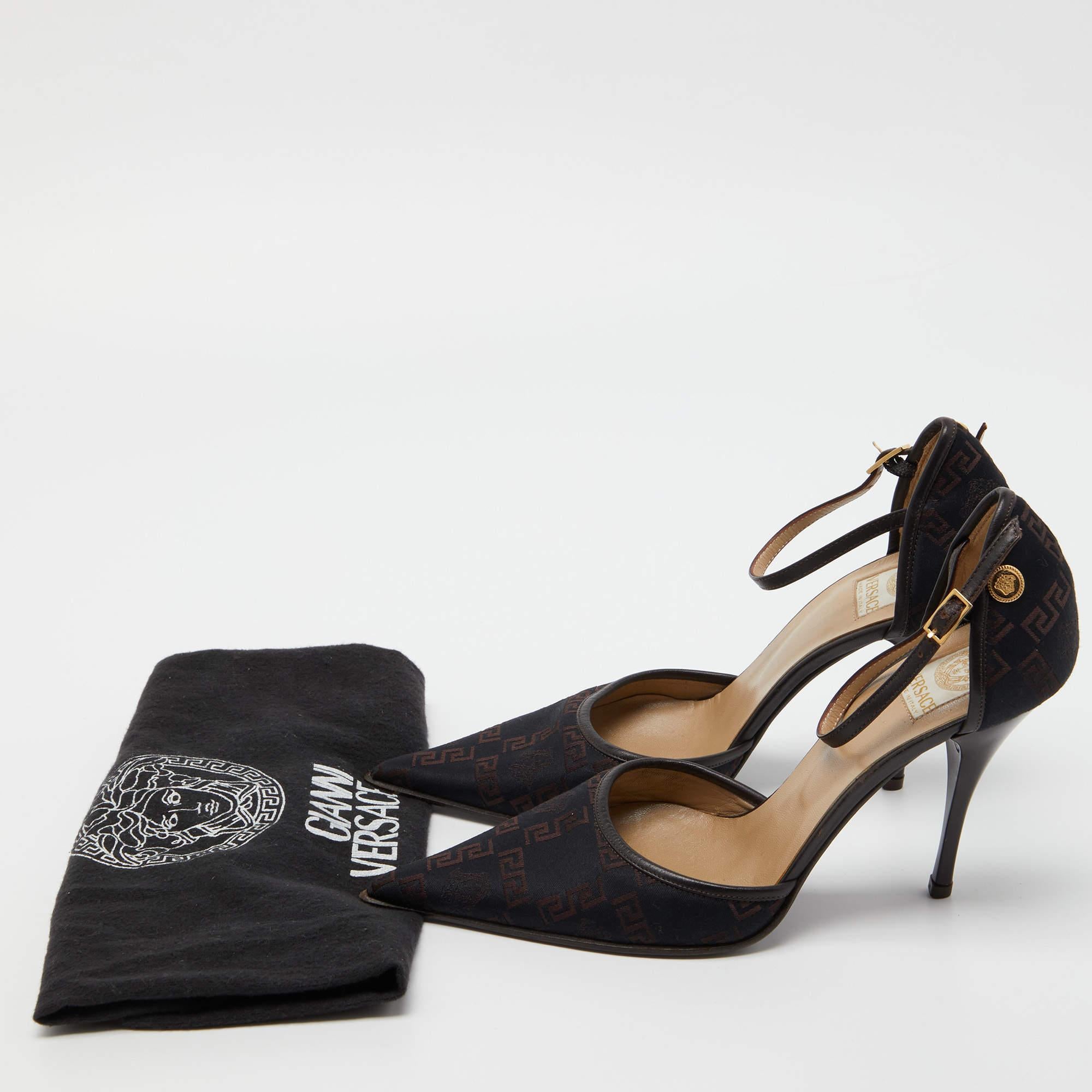 Versace Black Embroidered Canvas and Leather Ankle Strap Pumps  For Sale 4