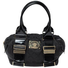 Versace Black Fabric and Patent Leather Medusa Logo Tote