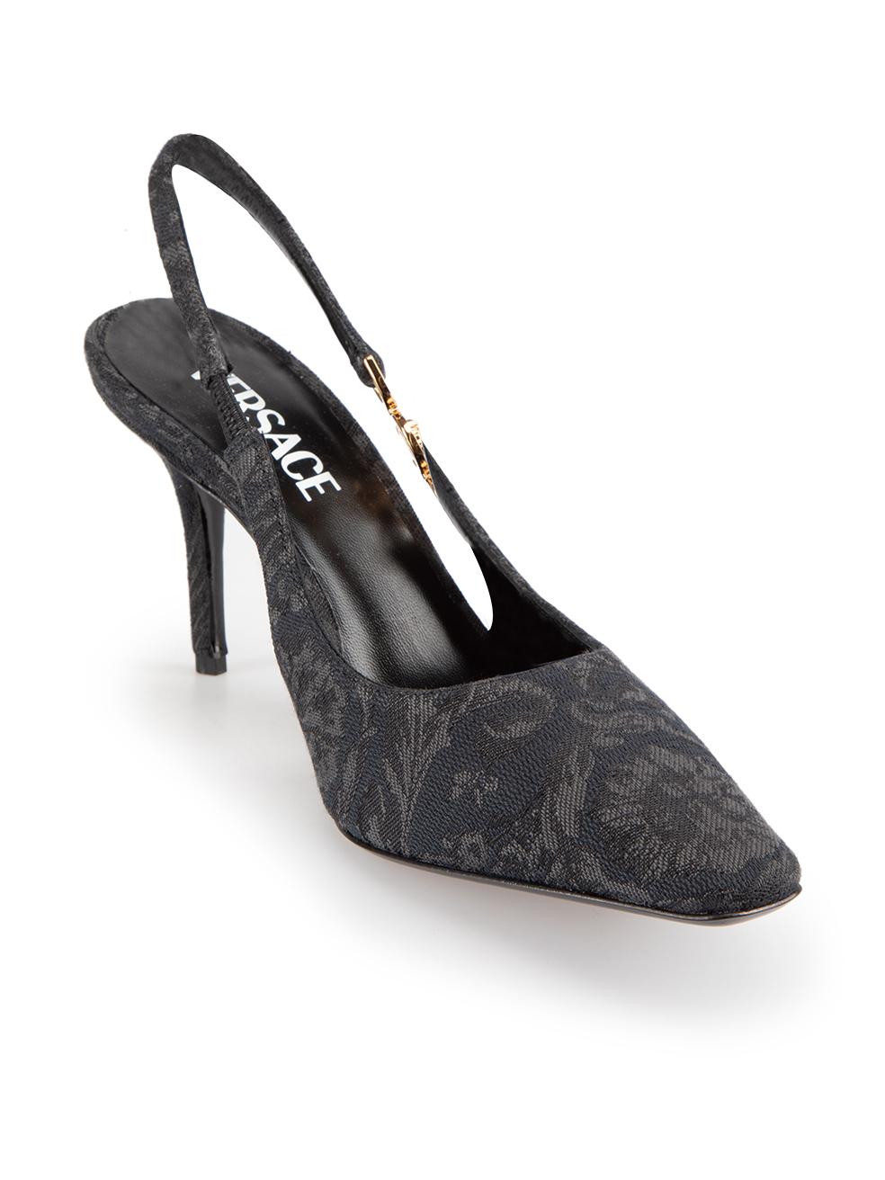 CONDITION is New with tags on this brand new Versace designer item. This item comes with original packaging.
 
 
 
 Details
 
 
 Model: 10124281A09371 1B00V
 
 Season: SS24
 
 Black
 
 Cloth
 
 Floral jacquard pattern
 
 Point toe
 
 Elasticated