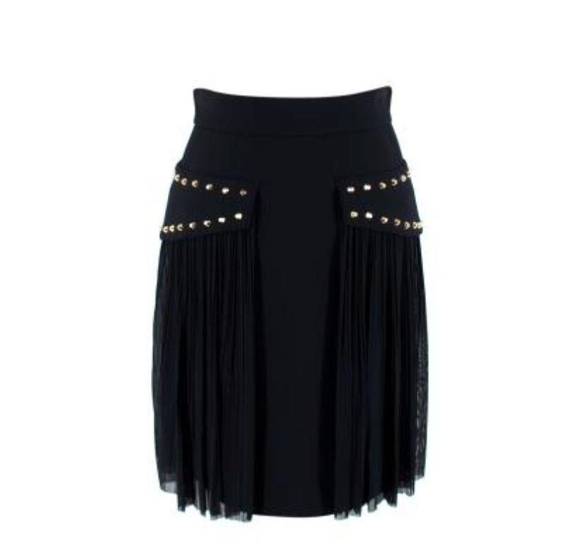 Versace Black Fluid Crepe Studded Skirt

- Studded angled hip panels, with softly pleated crepe swags
- Exposed gold-tone zip with black leather tab
-Short, above knee length

Materials:
Shell: 
48% polyamide 
34% polyester 
18% Elastane