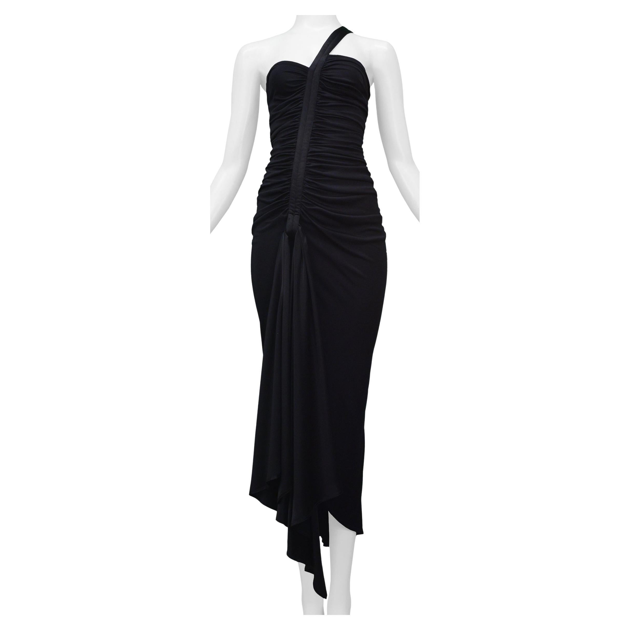 Versace Black Gathered Dress With Asymmetrical Shoulder Strap For Sale ...