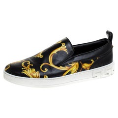 Versace Black/Gold Barocco Printed Leather Slip On Sneakers Size 43