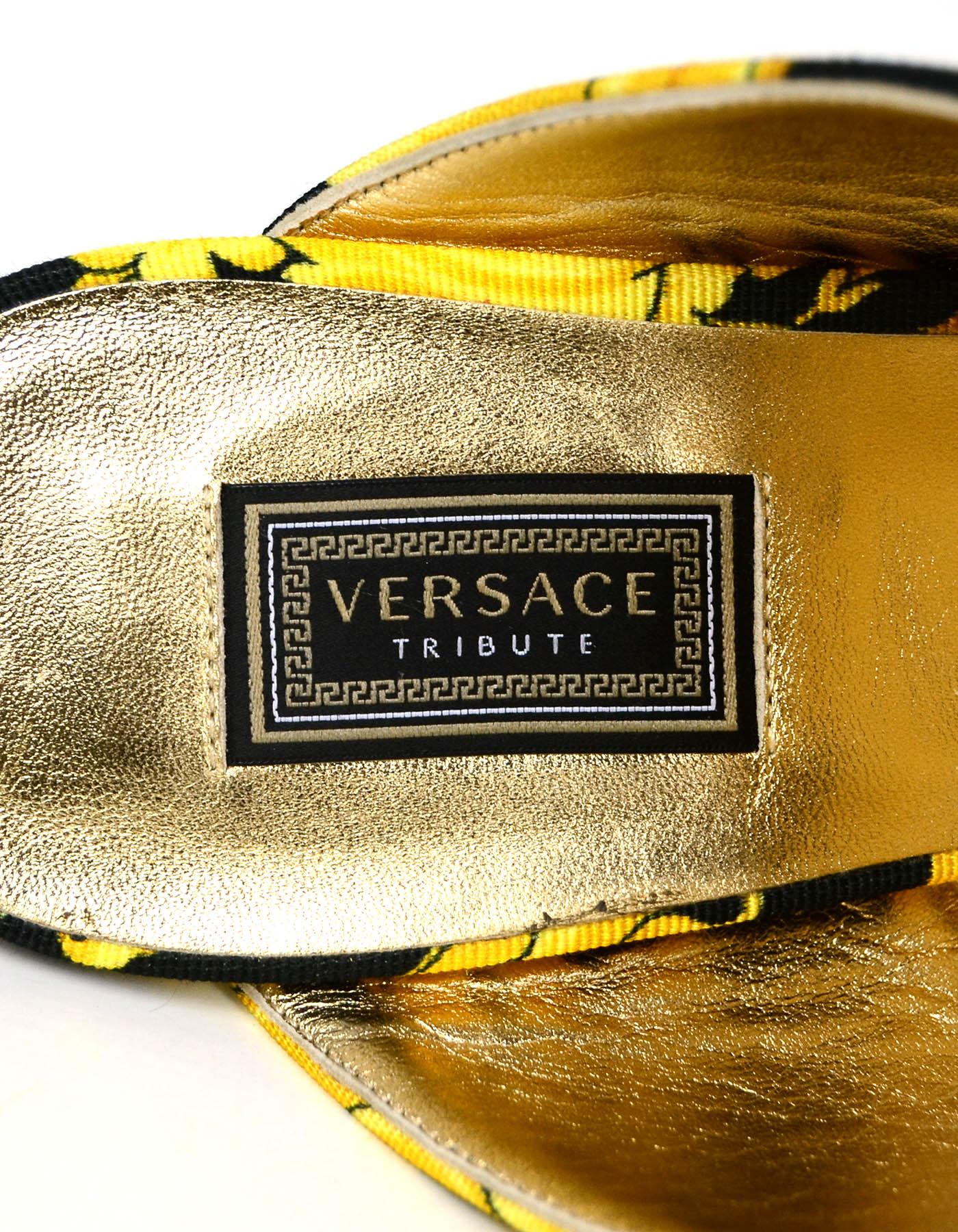 Versace Black/Gold Grosgrain Barocco Print Heeled Sandals sz 39.5  rt. $825 1