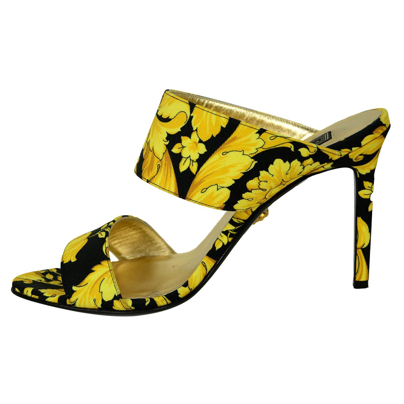 Versace Black/Gold Grosgrain Barocco Print Heeled Sandals sz 39.5  rt. $825