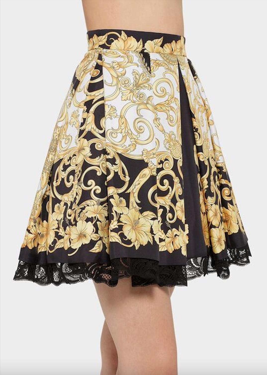 Versace Schwarz & Gold Hibiskus Barocco Print Seide Twill Rock w / Lace Trim Sz 40 (Beige)