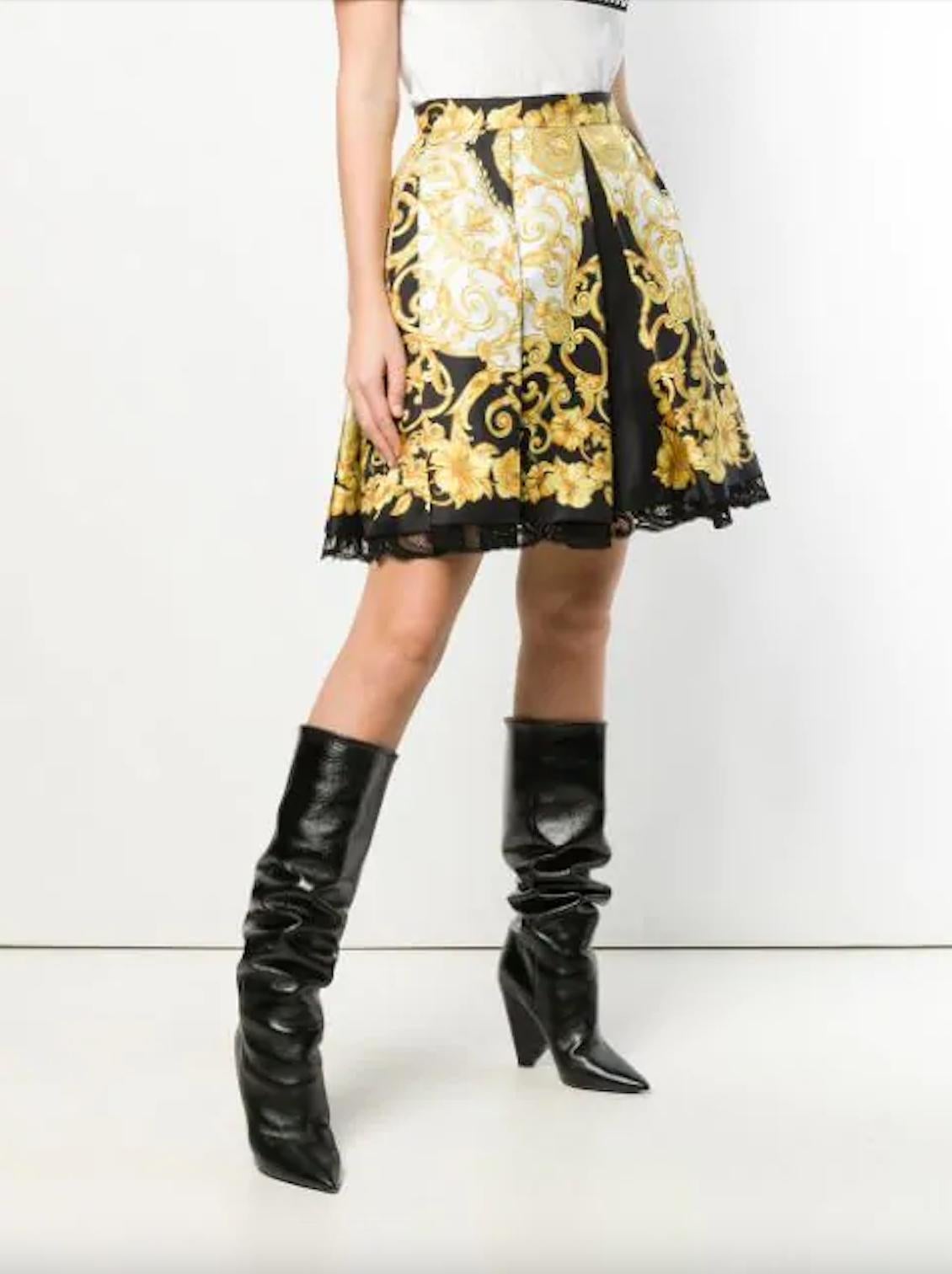 Versace Schwarz & Gold Hibiskus Barocco Print Seide Twill Rock w / Lace Trim Sz 40 Damen
