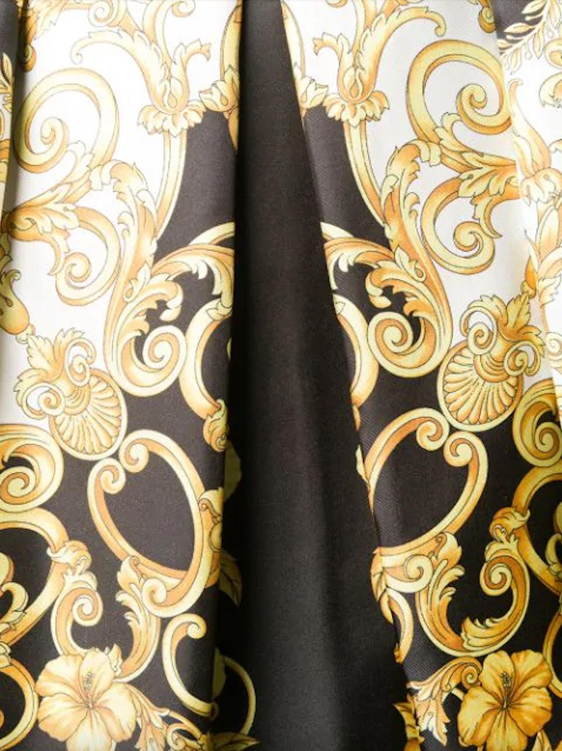 Versace Schwarz & Gold Hibiskus Barocco Print Seide Twill Rock w / Lace Trim Sz 40 2