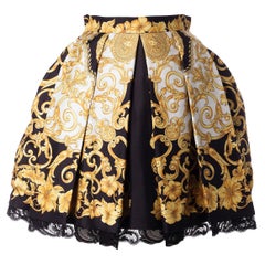 Versace Black & Gold Hibiscus Barocco Print Silk Twill Skirt w/ Lace Trim Sz 40